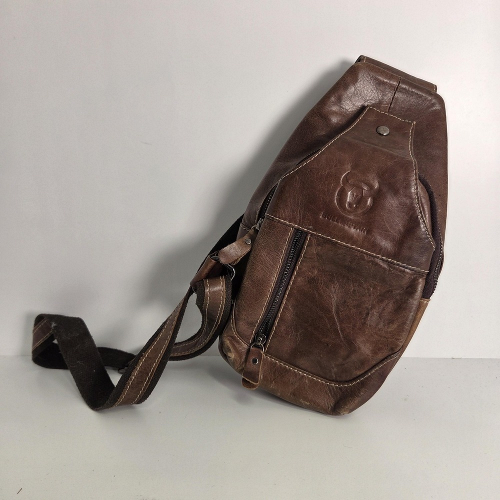 BULLCAPTAIN Leather Sling Bag Crossbody Pockets Brown Daypack Chest Travel